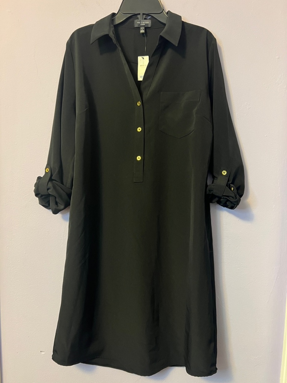 THE LIMITED Ashton Black Roll-Sleeve Shirt Dress with Gold Buttons - Picture 1 of 4